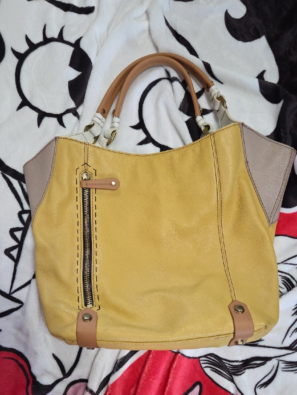 OrYany Women s Yellow Leather Tote Bag with Tan Handles